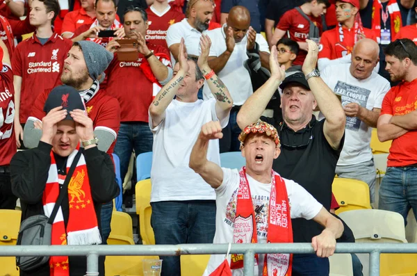 Kijów Ukraina Maja 2018 Liverpool Kibiców Stadionie Wspomóc Swoją Drużynę — Zdjęcie stockowe