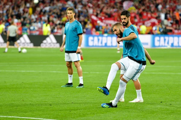Kiev, Ukrayna - 26 Mayıs 2018: Karim Benzema ve eğitim 2018 Uefa Şampiyonlar Ligi final maçında Real Madrid ve Liverpool, Ukrayna arasında daha önce Real Madrid futbol oyuncuları