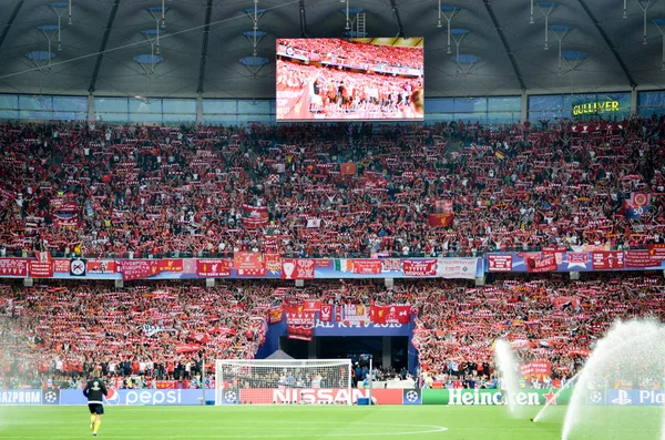 Kyjev Ukrajina Května 2018 Liverpool Fanoušci Stadionu Podporovat Svůj Tým — Stock fotografie