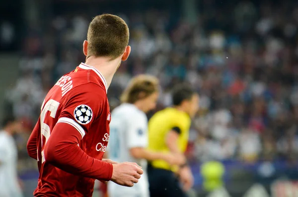 Kiev, Ukrayna - 26 Mayıs 2018: Andrew Robertson 2018 sırasında Uefa Şampiyonlar Ligi Finali maç Real Madrid ve Kiev Ukrayna Milli Güvenlik olimpiyskiy Stadyumu'nda Liverpool arasında