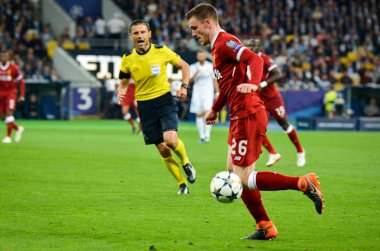 Kiev, Ukrayna - 26 Mayıs 2018: Andrew Robertson 2018 sırasında Uefa Şampiyonlar Ligi Finali maç Real Madrid ve Kiev Ukrayna Milli Güvenlik olimpiyskiy Stadyumu'nda Liverpool arasında