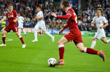 Kiev, Ukrayna - 26 Mayıs 2018: Andrew Robertson 2018 sırasında Uefa Şampiyonlar Ligi Finali maç Real Madrid ve Kiev Ukrayna Milli Güvenlik olimpiyskiy Stadyumu'nda Liverpool arasında
