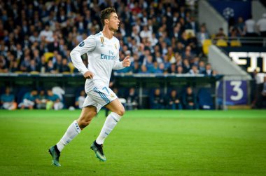 Kiev, Ukrayna - 26 Mayıs 2018: Cristiano Ronaldo 2018 sırasında Uefa Şampiyonlar Ligi Finali maç Real Madrid ve Kiev Ukrayna Milli Güvenlik olimpiyskiy Stadyumu'nda Liverpool arasında