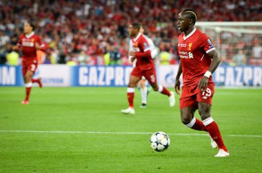 Kiev, Ukrayna - 26 Mayıs 2018: Sadio Mane 2018 sırasında Uefa Şampiyonlar Ligi Finali maç Real Madrid ve Kiev Ukrayna Milli Güvenlik olimpiyskiy Stadyumu'nda Liverpool arasında