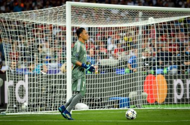 Kiev, Ukrayna - 26 Mayıs 2018: Keylor Navas 2018 sırasında Uefa Şampiyonlar Ligi Finali maç Real Madrid ve Kiev Ukrayna Milli Güvenlik olimpiyskiy Stadyumu'nda Liverpool arasında