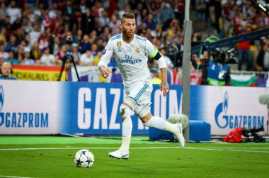 Kiev, Ukrayna - 26 Mayıs 2018: Sergio Ramos 2018 sırasında Uefa Şampiyonlar Ligi Finali maç Real Madrid ve Kiev Ukrayna Milli Güvenlik olimpiyskiy Stadyumu'nda Liverpool arasında