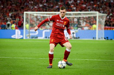 Kiev, Ukrayna - 26 Mayıs 2018: Andrew Robertson 2018 sırasında Uefa Şampiyonlar Ligi Finali maç Real Madrid ve Kiev Ukrayna Milli Güvenlik olimpiyskiy Stadyumu'nda Liverpool arasında