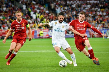 Kiev, Ukrayna - 26 Mayıs 2018: Futbolcu 2018 sırasında Uefa Şampiyonlar Ligi Finali maç Real Madrid ve Kiev Ukrayna Milli Güvenlik olimpiyskiy Stadyumu'nda Liverpool arasında