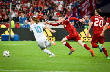 Kiev, Ukrayna - 26 Mayıs 2018: Andrew Robertson 2018 sırasında Uefa Şampiyonlar Ligi Finali maç Real Madrid ve Kiev Ukrayna Milli Güvenlik olimpiyskiy Stadyumu'nda Liverpool arasında