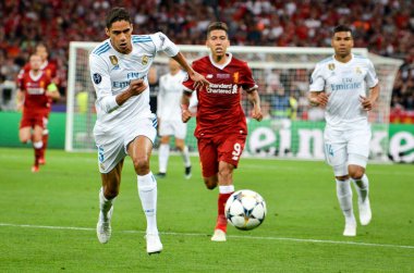 Kiev, Ukrayna - 26 Mayıs 2018: Raphael Varane kutlamak 2018 Uefa Şampiyonlar Ligi final maçında Real Madrid ve Kiev Ukrayna Milli Güvenlik olimpiyskiy Stadyumu'nda Liverpool arasında sırasında