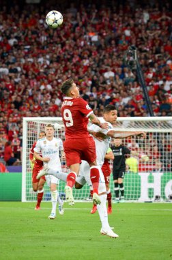 Kiev, Ukrayna - 26 Mayıs 2018: Roberto Firmino 2018 sırasında Uefa Şampiyonlar Ligi Finali maç Real Madrid ve Kiev Ukrayna Milli Güvenlik olimpiyskiy Stadyumu'nda Liverpool arasında