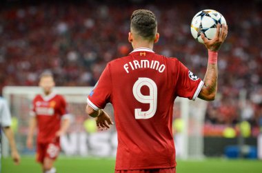 Kiev, Ukrayna - 26 Mayıs 2018: Roberto Firmino 2018 sırasında Uefa Şampiyonlar Ligi Finali maç Real Madrid ve Kiev Ukrayna Milli Güvenlik olimpiyskiy Stadyumu'nda Liverpool arasında