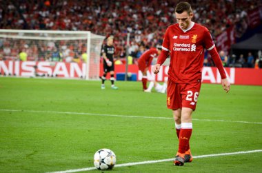 Kiev, Ukrayna - 26 Mayıs 2018: Andrew Robertson 2018 sırasında Uefa Şampiyonlar Ligi Finali maç Real Madrid ve Kiev Ukrayna Milli Güvenlik olimpiyskiy Stadyumu'nda Liverpool arasında