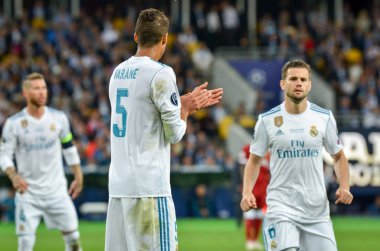 Kiev, Ukrayna - 26 Mayıs 2018: Raphael Varane kutlamak 2018 Uefa Şampiyonlar Ligi final maçında Real Madrid ve Kiev Ukrayna Milli Güvenlik olimpiyskiy Stadyumu'nda Liverpool arasında sırasında