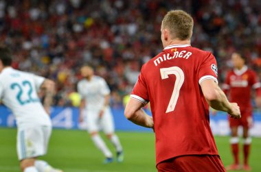 Kiev, Ukrayna - 26 Mayıs 2018: James Milner 2018 sırasında Uefa Şampiyonlar Ligi Finali maç Real Madrid ve Kiev Ukrayna Milli Güvenlik olimpiyskiy Stadyumu'nda Liverpool arasında
