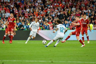 Kiev, Ukrayna - 26 Mayıs 2018: Marcelo 2018 sırasında Uefa Şampiyonlar Ligi Finali maç Real Madrid ve Kiev Ukrayna Milli Güvenlik olimpiyskiy Stadyumu'nda Liverpool arasında