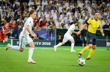Kiev, Ukrayna - 26 Mayıs 2018: Luka Modric 2018 sırasında Uefa Şampiyonlar Ligi Finali maç Real Madrid ve Kiev Ukrayna Milli Güvenlik olimpiyskiy Stadyumu'nda Liverpool arasında