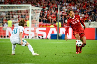 Kiev, Ukrayna - 26 Mayıs 2018: Virgil van Dijk 2018 sırasında Uefa Şampiyonlar Ligi Finali maç Real Madrid ve Kiev Ukrayna Milli Güvenlik olimpiyskiy Stadyumu'nda Liverpool arasında