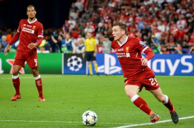 Kiev, Ukrayna - 26 Mayıs 2018: Andrew Robertson 2018 sırasında Uefa Şampiyonlar Ligi Finali maç Real Madrid ve Kiev Ukrayna Milli Güvenlik olimpiyskiy Stadyumu'nda Liverpool arasında