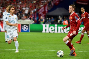 Kiev, Ukrayna - 26 Mayıs 2018: Andrew Robertson 2018 sırasında Uefa Şampiyonlar Ligi Finali maç Real Madrid ve Kiev Ukrayna Milli Güvenlik olimpiyskiy Stadyumu'nda Liverpool arasında