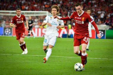 Kiev, Ukrayna - 26 Mayıs 2018: Andrew Robertson 2018 sırasında Uefa Şampiyonlar Ligi Finali maç Real Madrid ve Kiev Ukrayna Milli Güvenlik olimpiyskiy Stadyumu'nda Liverpool arasında