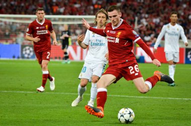 Kiev, Ukrayna - 26 Mayıs 2018: Andrew Robertson 2018 sırasında Uefa Şampiyonlar Ligi Finali maç Real Madrid ve Kiev Ukrayna Milli Güvenlik olimpiyskiy Stadyumu'nda Liverpool arasında