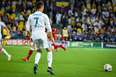 Kiev, Ukrayna - 26 Mayıs 2018: Cristiano Ronaldo 2018 sırasında Uefa Şampiyonlar Ligi Finali maç Real Madrid ve Kiev Ukrayna Milli Güvenlik olimpiyskiy Stadyumu'nda Liverpool arasında