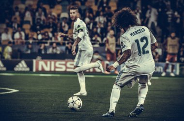 Kiev, Ukrayna - 26 Mayıs 2018: Marcelo 2018 sırasında Uefa Şampiyonlar Ligi Finali maç Real Madrid ve Kiev Ukrayna Milli Güvenlik olimpiyskiy Stadyumu'nda Liverpool arasında