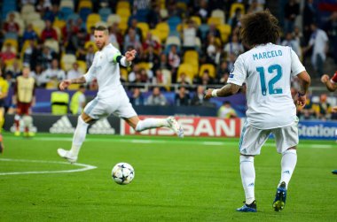 Kiev, Ukrayna - 26 Mayıs 2018: Marcelo 2018 sırasında Uefa Şampiyonlar Ligi Finali maç Real Madrid ve Kiev Ukrayna Milli Güvenlik olimpiyskiy Stadyumu'nda Liverpool arasında