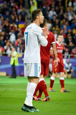 Kiev, Ukrayna - 26 Mayıs 2018: Cristiano Ronaldo 2018 sırasında Uefa Şampiyonlar Ligi Finali maç Real Madrid ve Kiev Ukrayna Milli Güvenlik olimpiyskiy Stadyumu'nda Liverpool arasında