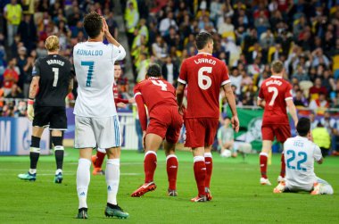 Kiev, Ukrayna - 26 Mayıs 2018: Cristiano Ronaldo 2018 sırasında Uefa Şampiyonlar Ligi Finali maç Real Madrid ve Kiev Ukrayna Milli Güvenlik olimpiyskiy Stadyumu'nda Liverpool arasında