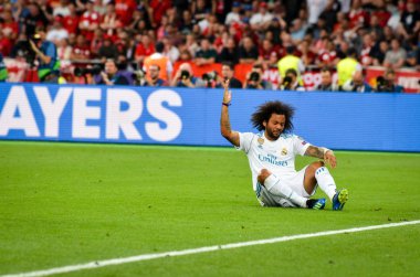 Kiev, Ukrayna - 26 Mayıs 2018: Marcelo 2018 sırasında Uefa Şampiyonlar Ligi Finali maç Real Madrid ve Kiev Ukrayna Milli Güvenlik olimpiyskiy Stadyumu'nda Liverpool arasında