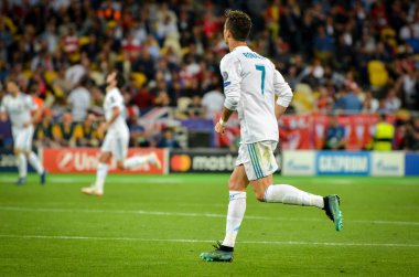 Kiev, Ukrayna - 26 Mayıs 2018: Cristiano Ronaldo 2018 sırasında Uefa Şampiyonlar Ligi Finali maç Real Madrid ve Kiev Ukrayna Milli Güvenlik olimpiyskiy Stadyumu'nda Liverpool arasında