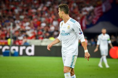 Kiev, Ukrayna - 26 Mayıs 2018: Cristiano Ronaldo 2018 sırasında Uefa Şampiyonlar Ligi Finali maç Real Madrid ve Kiev Ukrayna Milli Güvenlik olimpiyskiy Stadyumu'nda Liverpool arasında