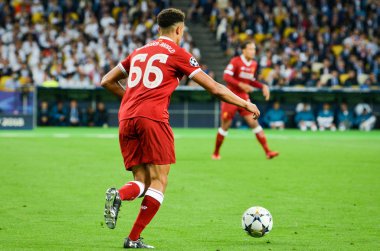 Kiev, Ukrayna - 26 Mayıs 2018: Trent Alexander-Arnold 2018 sırasında Uefa Şampiyonlar Ligi Finali maç Real Madrid ve Kiev Ukrayna Milli Güvenlik olimpiyskiy Stadyumu'nda Liverpool arasında