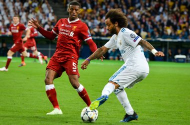 Kiev, Ukrayna - 26 Mayıs 2018: Marcelo 2018 sırasında Uefa Şampiyonlar Ligi Finali maç Real Madrid ve Kiev Ukrayna Milli Güvenlik olimpiyskiy Stadyumu'nda Liverpool arasında