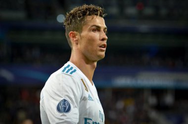 Kiev, Ukrayna - 26 Mayıs 2018: Cristiano Ronaldo 2018 sırasında Uefa Şampiyonlar Ligi Finali maç Real Madrid ve Kiev Ukrayna Milli Güvenlik olimpiyskiy Stadyumu'nda Liverpool arasında