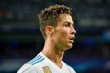 Kiev, Ukrayna - 26 Mayıs 2018: Cristiano Ronaldo 2018 sırasında Uefa Şampiyonlar Ligi Finali maç Real Madrid ve Kiev Ukrayna Milli Güvenlik olimpiyskiy Stadyumu'nda Liverpool arasında
