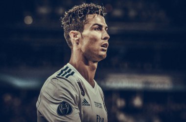Kiev, Ukrayna - 26 Mayıs 2018: Cristiano Ronaldo 2018 sırasında Uefa Şampiyonlar Ligi Finali maç Real Madrid ve Kiev Ukrayna Milli Güvenlik olimpiyskiy Stadyumu'nda Liverpool arasında