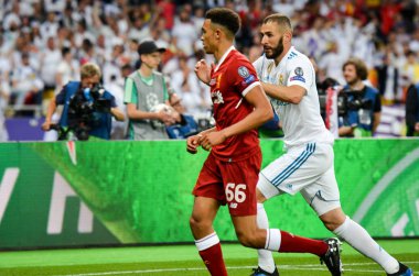 Kiev, Ukrayna - 26 Mayıs 2018: Trent Alexander-Arnold 2018 sırasında Uefa Şampiyonlar Ligi Finali maç Real Madrid ve Kiev Ukrayna Milli Güvenlik olimpiyskiy Stadyumu'nda Liverpool arasında