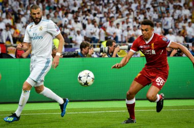 Kiev, Ukrayna - 26 Mayıs 2018: Trent Alexander-Arnold 2018 sırasında Uefa Şampiyonlar Ligi Finali maç Real Madrid ve Kiev Ukrayna Milli Güvenlik olimpiyskiy Stadyumu'nda Liverpool arasında