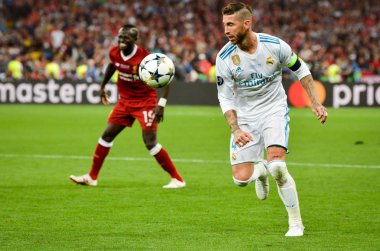 Kiev, Ukrayna - 26 Mayıs 2018: Sergio Ramos 2018 sırasında Uefa Şampiyonlar Ligi Finali maç Real Madrid ve Kiev Ukrayna Milli Güvenlik olimpiyskiy Stadyumu'nda Liverpool arasında