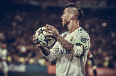 Kiev, Ukrayna - 26 Mayıs 2018: Sergio Ramos 2018 sırasında Uefa Şampiyonlar Ligi Finali maç Real Madrid ve Kiev Ukrayna Milli Güvenlik olimpiyskiy Stadyumu'nda Liverpool arasında