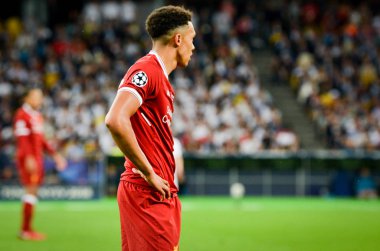 Kiev, Ukrayna - 26 Mayıs 2018: Trent Alexander-Arnold 2018 sırasında Uefa Şampiyonlar Ligi Finali maç Real Madrid ve Kiev Ukrayna Milli Güvenlik olimpiyskiy Stadyumu'nda Liverpool arasında