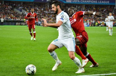 Kiev, Ukrayna - 26 Mayıs 2018: Çifleşme Sadio Mane 2018 sırasında karşı Uefa Şampiyonlar Ligi Finali maç Real Madrid ve Kiev Ukrayna Milli Güvenlik olimpiyskiy Stadyumu'nda Liverpool arasında