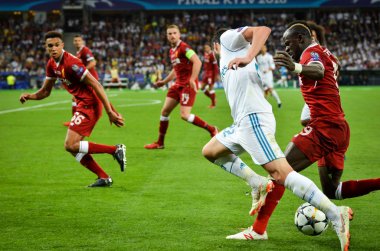 Kiev, Ukrayna - 26 Mayıs 2018: Çifleşme Sadio Mane 2018 sırasında karşı Uefa Şampiyonlar Ligi Finali maç Real Madrid ve Kiev Ukrayna Milli Güvenlik olimpiyskiy Stadyumu'nda Liverpool arasında
