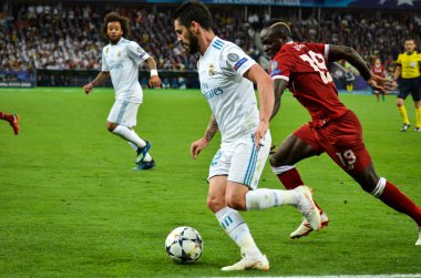 Kiev, Ukrayna - 26 Mayıs 2018: Çifleşme Sadio Mane 2018 sırasında karşı Uefa Şampiyonlar Ligi Finali maç Real Madrid ve Kiev Ukrayna Milli Güvenlik olimpiyskiy Stadyumu'nda Liverpool arasında