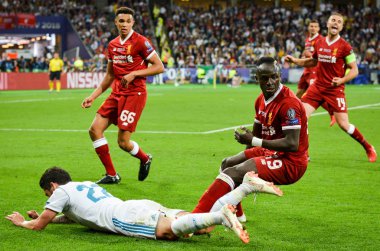 Kiev, Ukrayna - 26 Mayıs 2018: Çifleşme Sadio Mane 2018 sırasında karşı Uefa Şampiyonlar Ligi Finali maç Real Madrid ve Kiev Ukrayna Milli Güvenlik olimpiyskiy Stadyumu'nda Liverpool arasında