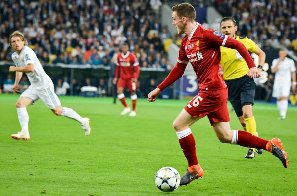 Kiev, Ukrayna - 26 Mayıs 2018: Andrew Robertson 2018 sırasında Uefa Şampiyonlar Ligi Finali maç Real Madrid ve Kiev Ukrayna Milli Güvenlik olimpiyskiy Stadyumu'nda Liverpool arasında