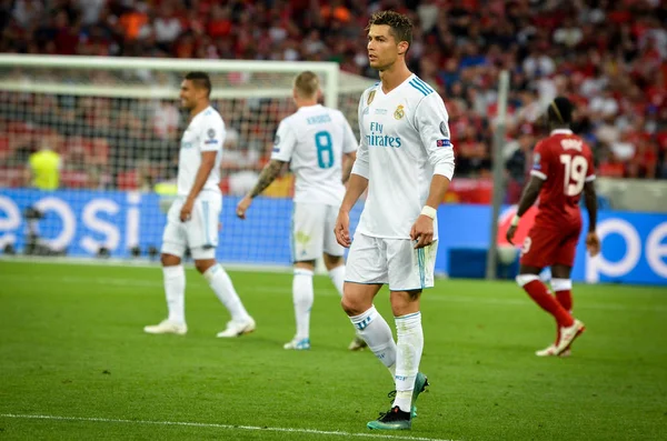 Kiev, Ukrayna - 26 Mayıs 2018: Cristiano Ronaldo 2018 sırasında Uefa Şampiyonlar Ligi Finali maç Real Madrid ve Kiev Ukrayna Milli Güvenlik olimpiyskiy Stadyumu'nda Liverpool arasında
